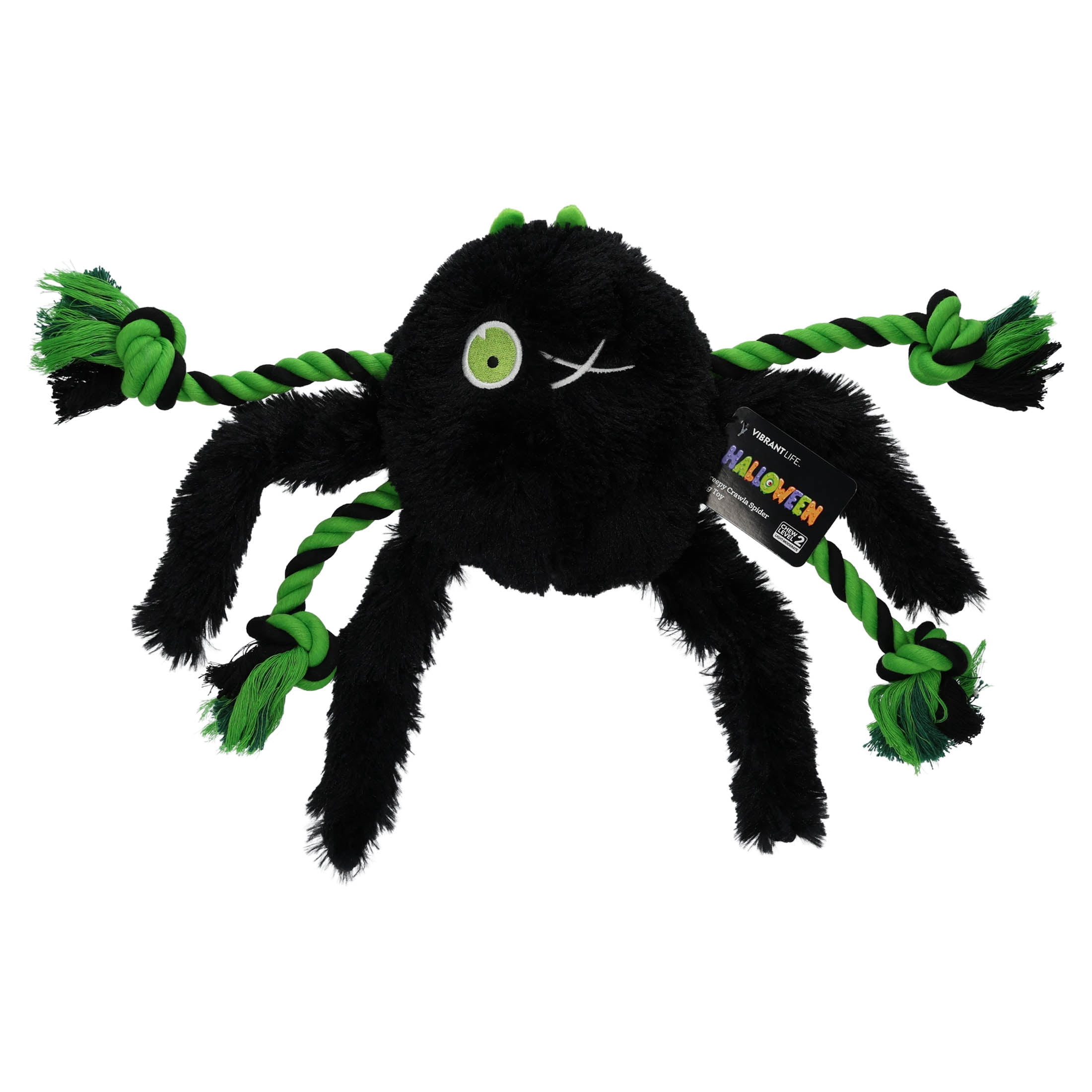 Vibrant Life Halloween Black and Green Creepy Crawla Spider Plush Dog Toy with Ropes, Chew Level 2