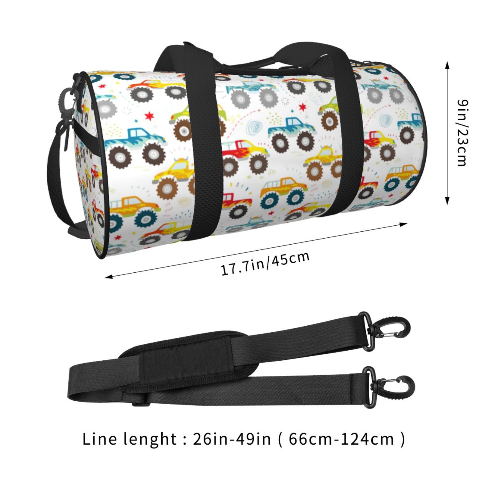 Hirioo Cartoon Monster Trucks for Round Large Capacity Travel Luggage Bag Weekend Getaway Bag for Gym Beach Swim Bag Men Women