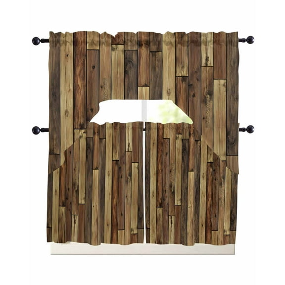 Brown Wooden Grain Kitchen Curtains Sets 24 Inch Length with Valance, Farmhouse Vintage Stitching Art Swag Valances and Tiers Curtain Set Drapes Swag Curtains for Living Room, Bathroom, Bedroom, Cafe