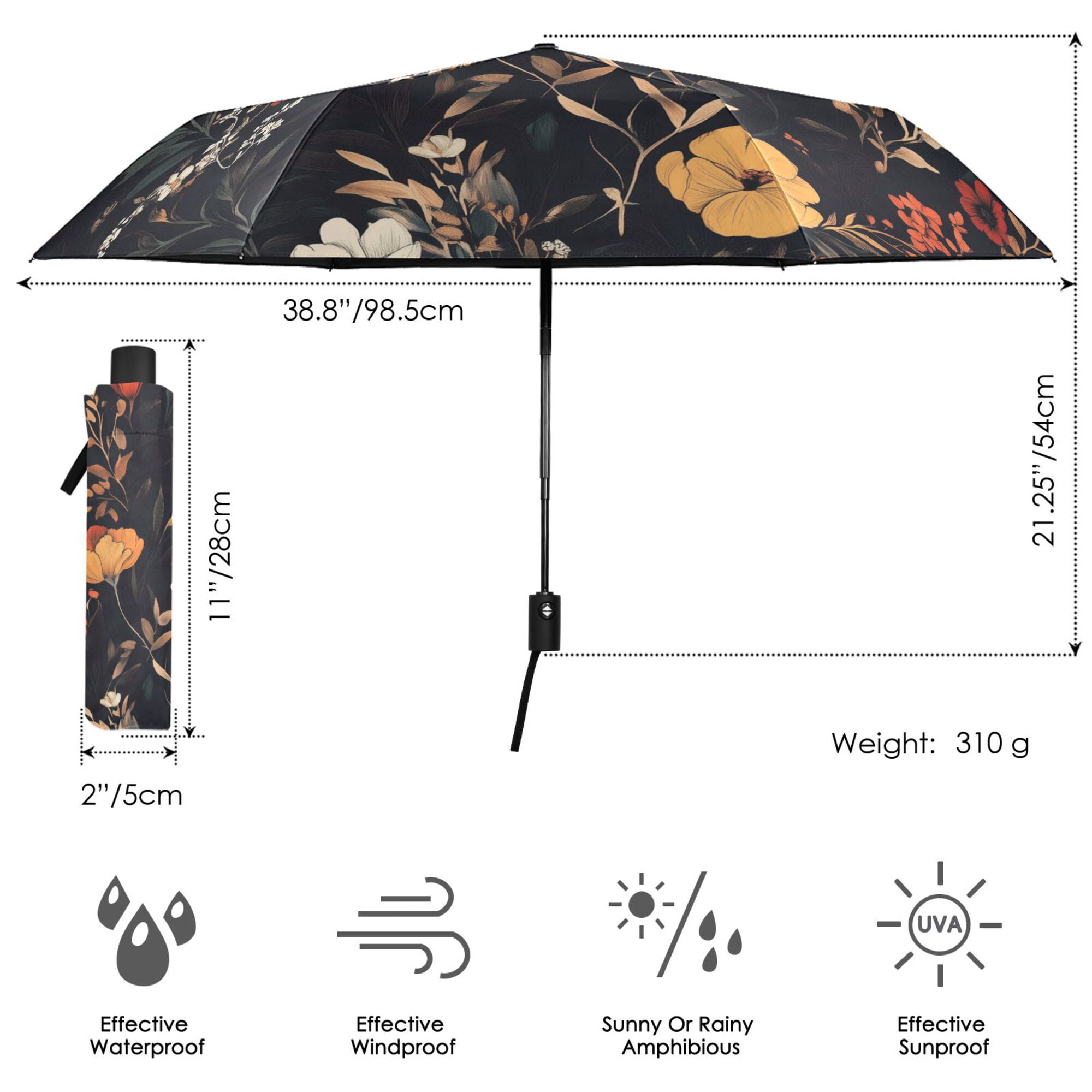 FORMRS Travel Umbrella Folding Auto Open Close Windproof Rain UV Protection, Black Floral Pattern