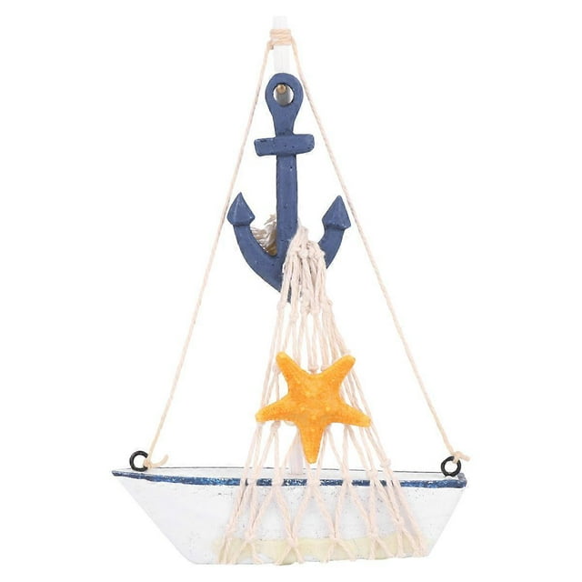 Wooden Sail Boat Adornment Mediterranean Style Sail Boat Cotton Rope Net Sailboat Ornament (Iron Anchor Style)