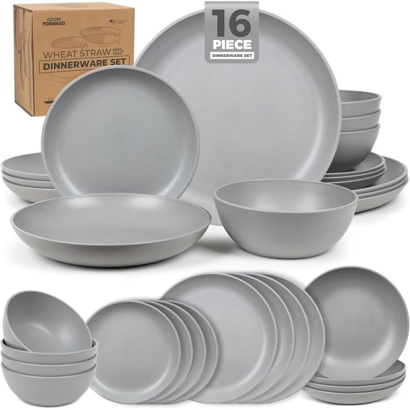 16-piece Premium Wheat Straw Dinnerware Sets for 4 - Unbreakable Dishwasher & Microwave Safe Plastic Plates and Bowls Sets - Patio, Outdoors, RV, Camping Dishes - Moonlight