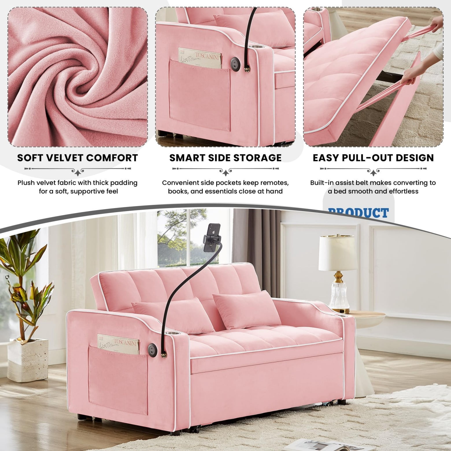 55" 3 in 1 Convertible Sofa Bed with Phone Holder, Loveseat Couch with Pull Out Bed, Space-Saving Apartment Sofa, Pink