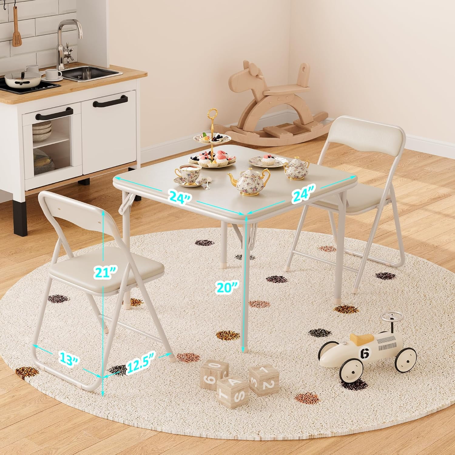 Boys and Girls Folding Table and Chairs Set of 3, Portable Table and Chair with Pu Soft Cushion,Suitable for Eating,Reading and Playing
