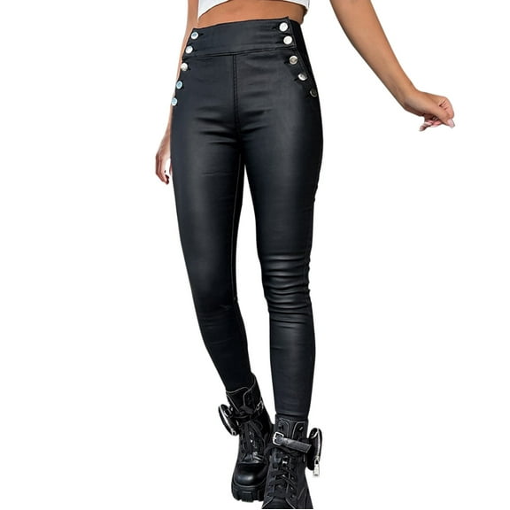 GJSYRH Women's High Waist Leather Leggings High Waist Leather Tights with Front Button Detail for a Sleek
