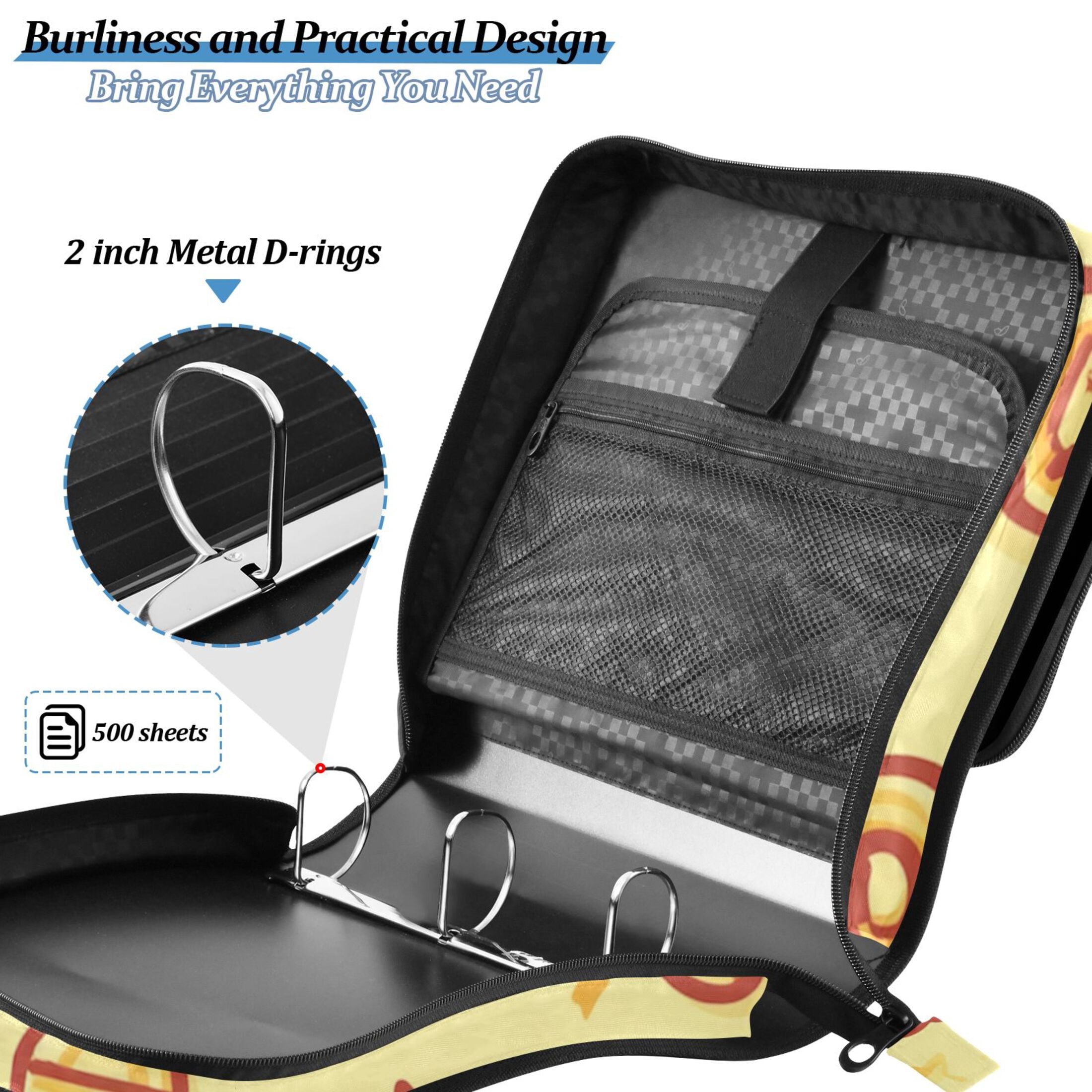 3 Ring Zipper Binder with Shoulder Strap Waterproof Trapper Keeper 2 Inch D-Ring 500 Sheets Capacity Chicken Burger and Fries