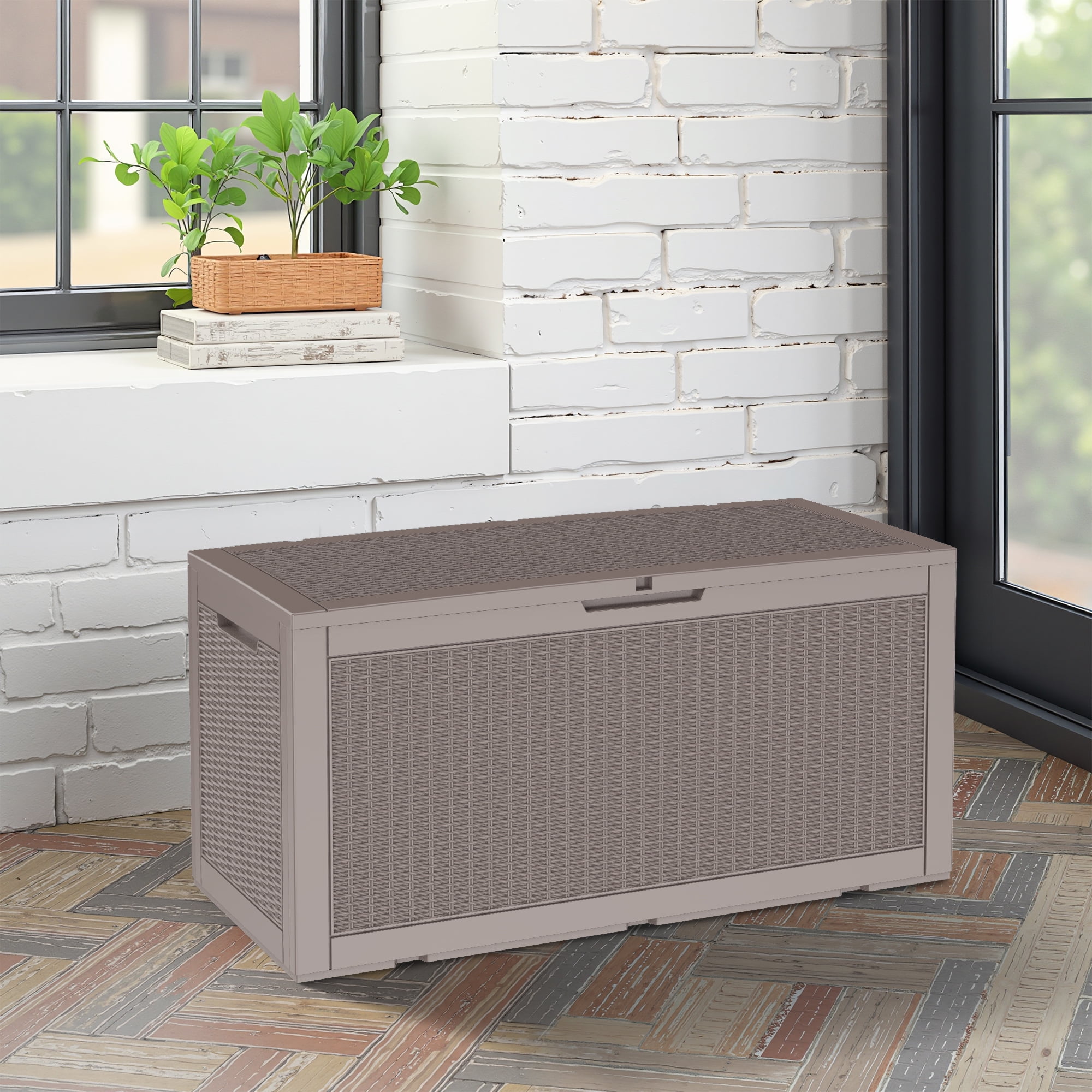 MAYEERTY 100 Gallon Outdoor Deck Box, Large Capacity Storage Box for Patio Furniture Cushions, Pillow with Wheels, Light Brown