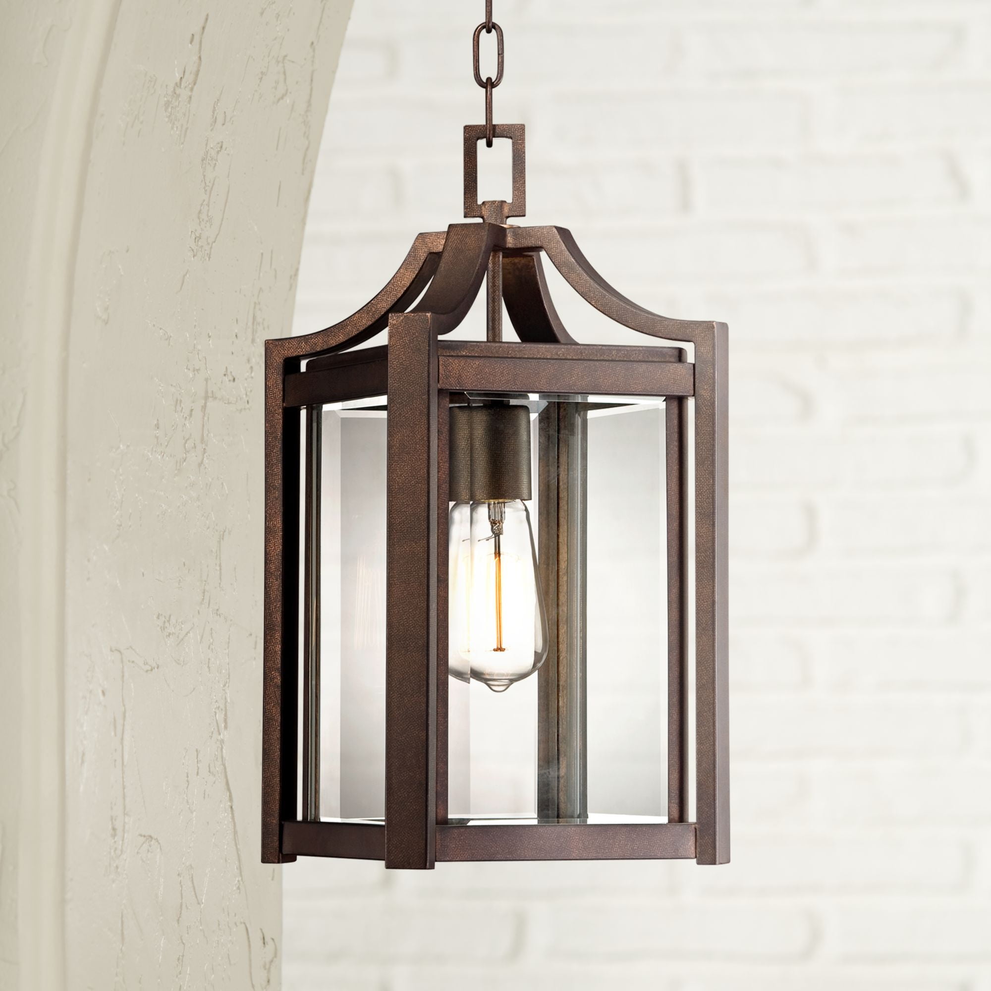 Franklin Iron Works Modern Outdoor Ceiling Light Hanging Rustic Bronze 17" Clear Glass Damp