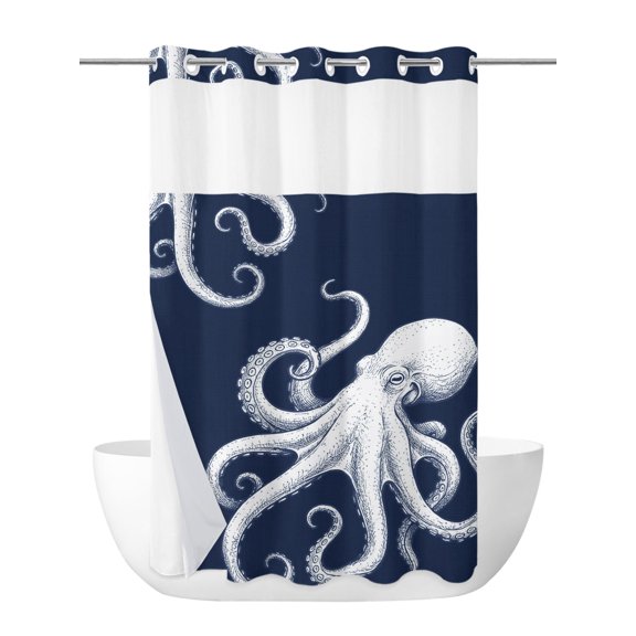 No Hook Shower Curtain with Snap in Liner,Underwater Ocean Giant Octopus Waterproof Bath Curtain with See Through Top Window,Navy Blue White Marine Life Shower Curtains for Bathroom Decor,36x72in