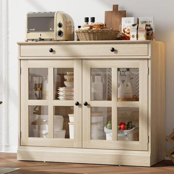 EastVita 35.4" Oak Sideboard Buffet Cabinet with Glass Door, Modern Storage with Drawer & Adjustable Shelves, Freestanding for Dining Room, Living Room, Kitchen