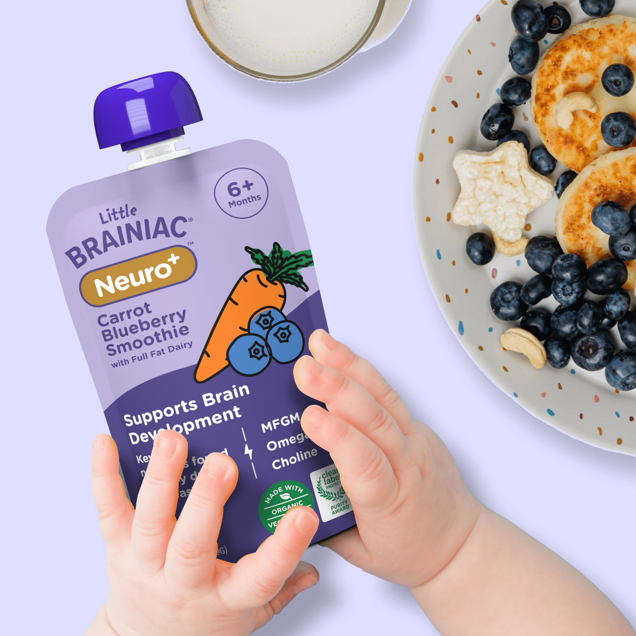 Little Brainiac Neuro+ Smoothie Baby Food Pouch with Omega-3s, Blueberry Carrot, 3.5oz, 6ct