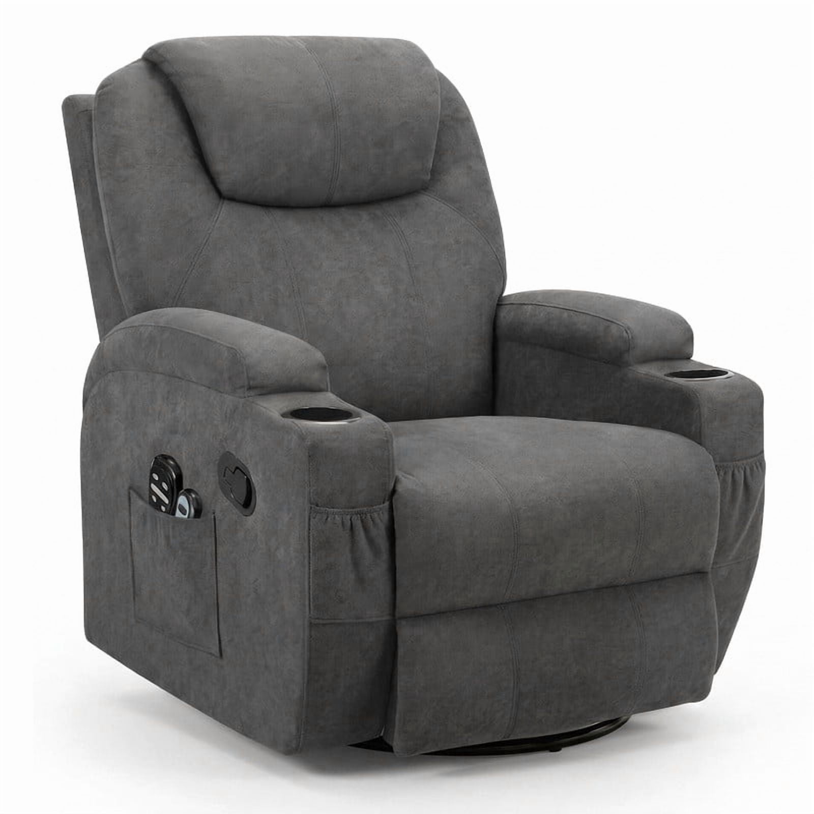 Lacoo PU Leather Swivel Rocker Recliner with Massage for Living Room Small Spaces Lounge Recliner Chair with Side Pockets for Adults,Linen Gray