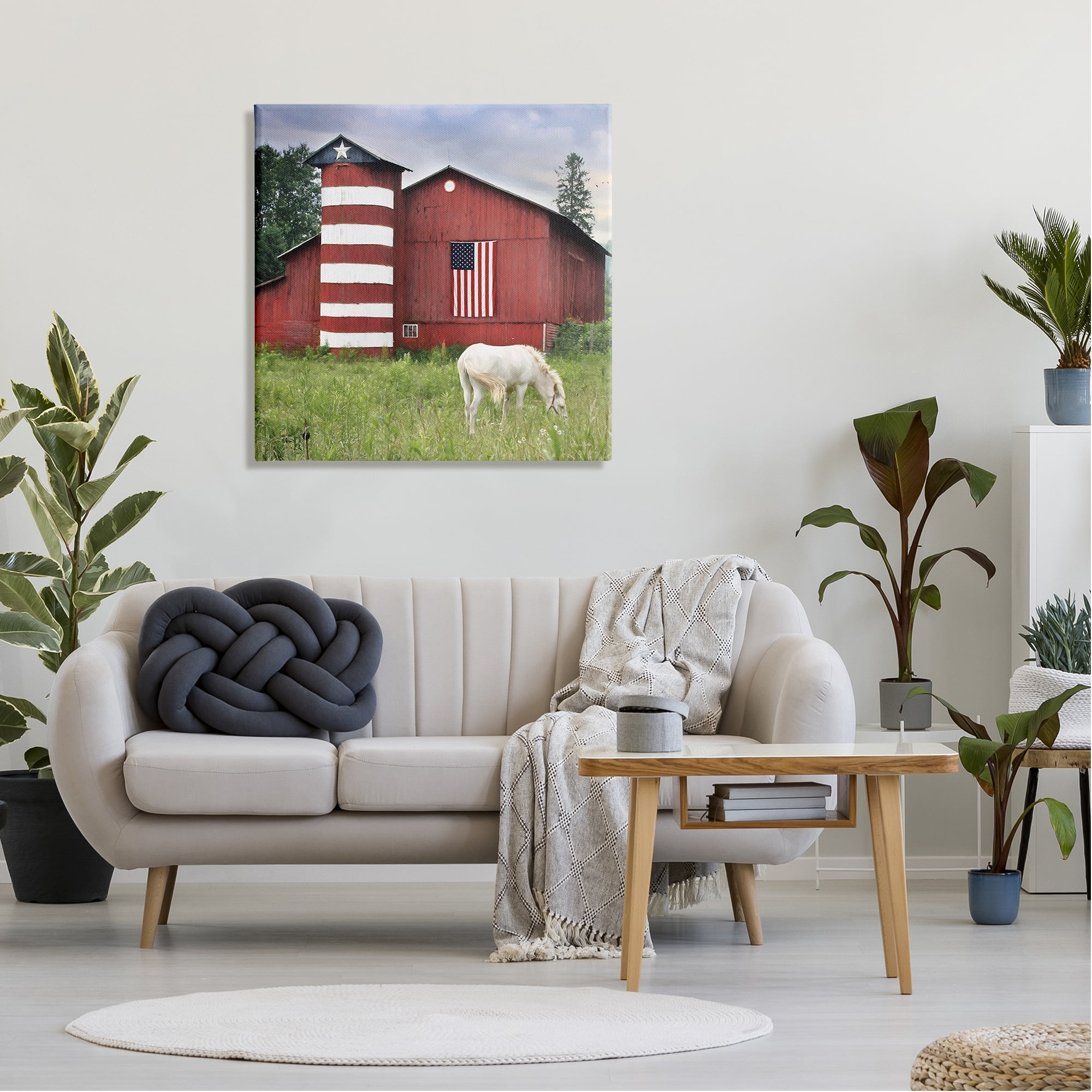 Stupell Industries Grazing White Horse Red Americana Barn Flag Painting Gallery Wrapped Canvas Print Wall Art, Design by Lori Deiter