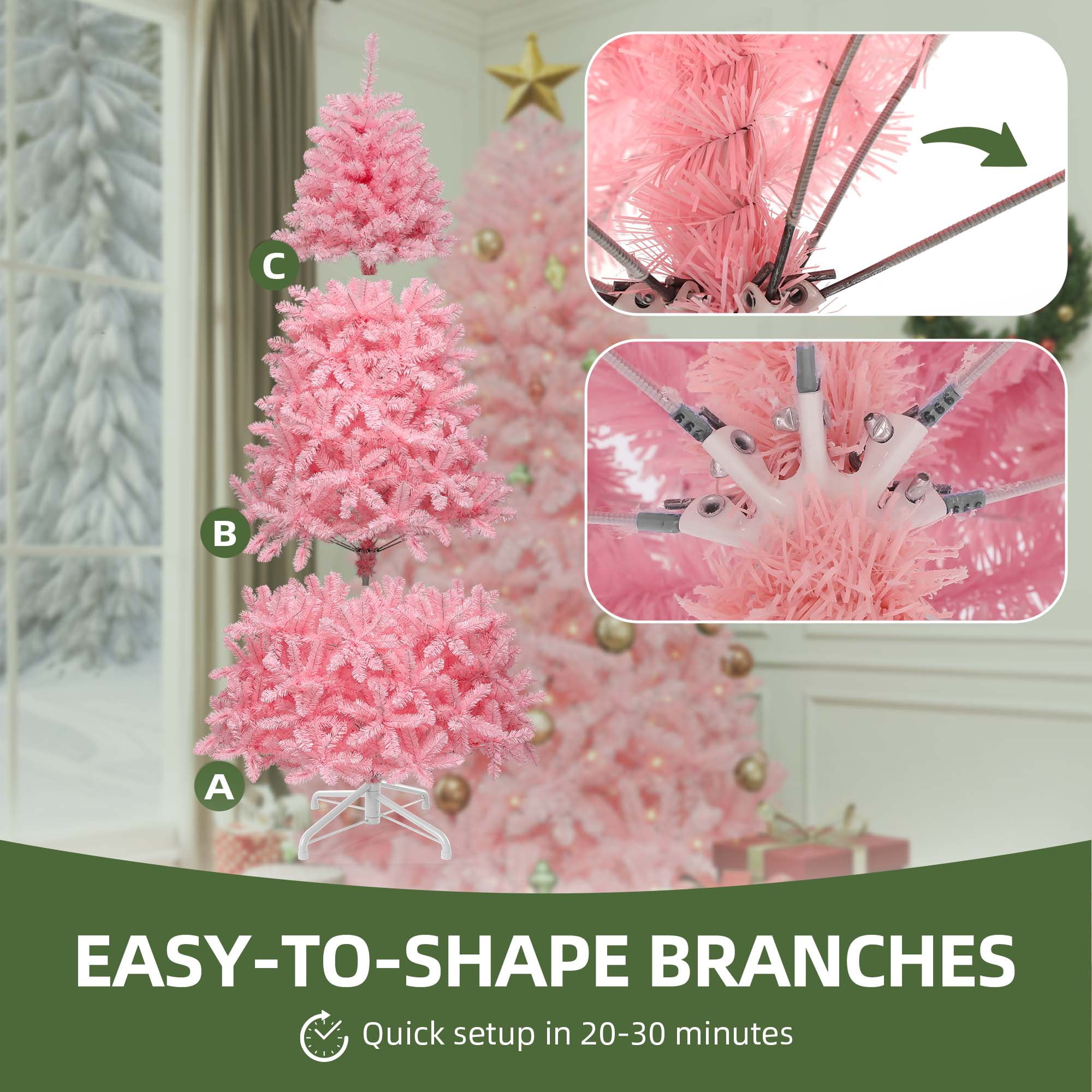 Uforic 7.5 ft Pre-lit Spruce Artificial Christmas Tree with 1350 PVC Tips & 550 Warm-White Lights, Pink