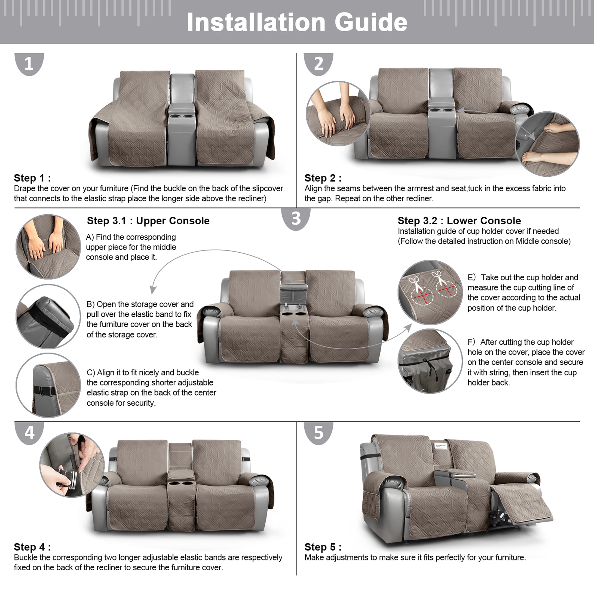 TAOCOCO Loveseat Reclining Couch Cover with Console Waterproof Slipcover Furniture Protector Taupe Walmart