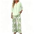 thumbnail image 5 of Women’s Casual Printed Two Piece Set Button Front 3/4 Sleeve Top And Wide Leg Long Pants Outfit Light Green XL, 5 of 6
