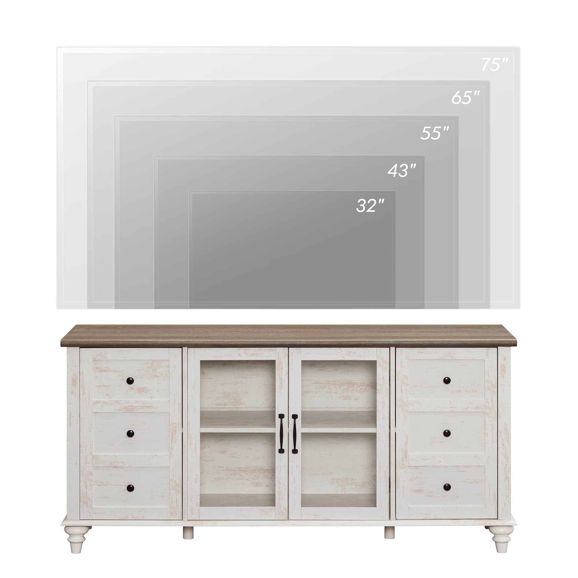 TV Stand with Glass Door for 65 Inch TV, Wooden Television Stands for Living Room, Antique White
