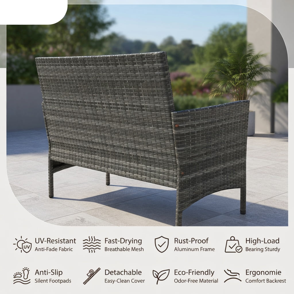 Hommoo 4-Piece Outdoor Rattan Conversation Set with Tempered Glass Coffee Table, PE Wicker, Gray