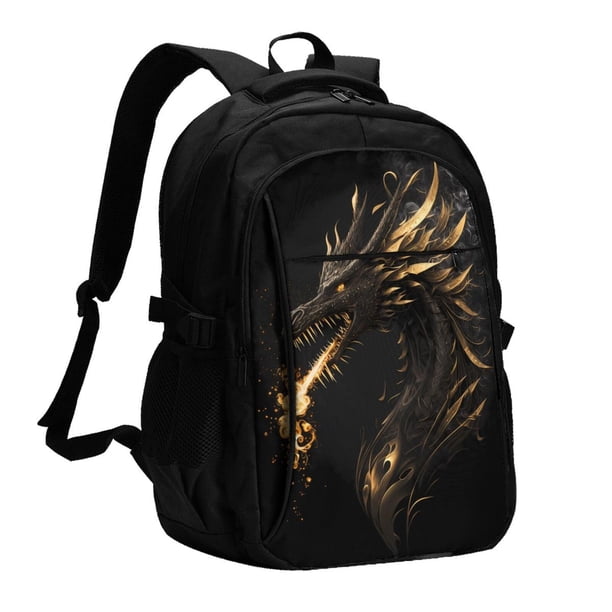 Balery Black And Gold Fire Dragon Mochila con carga USB para hombre y mujer - Mochila impermeable y antirrobo para laptop con puerto USB para viajes, trabajo