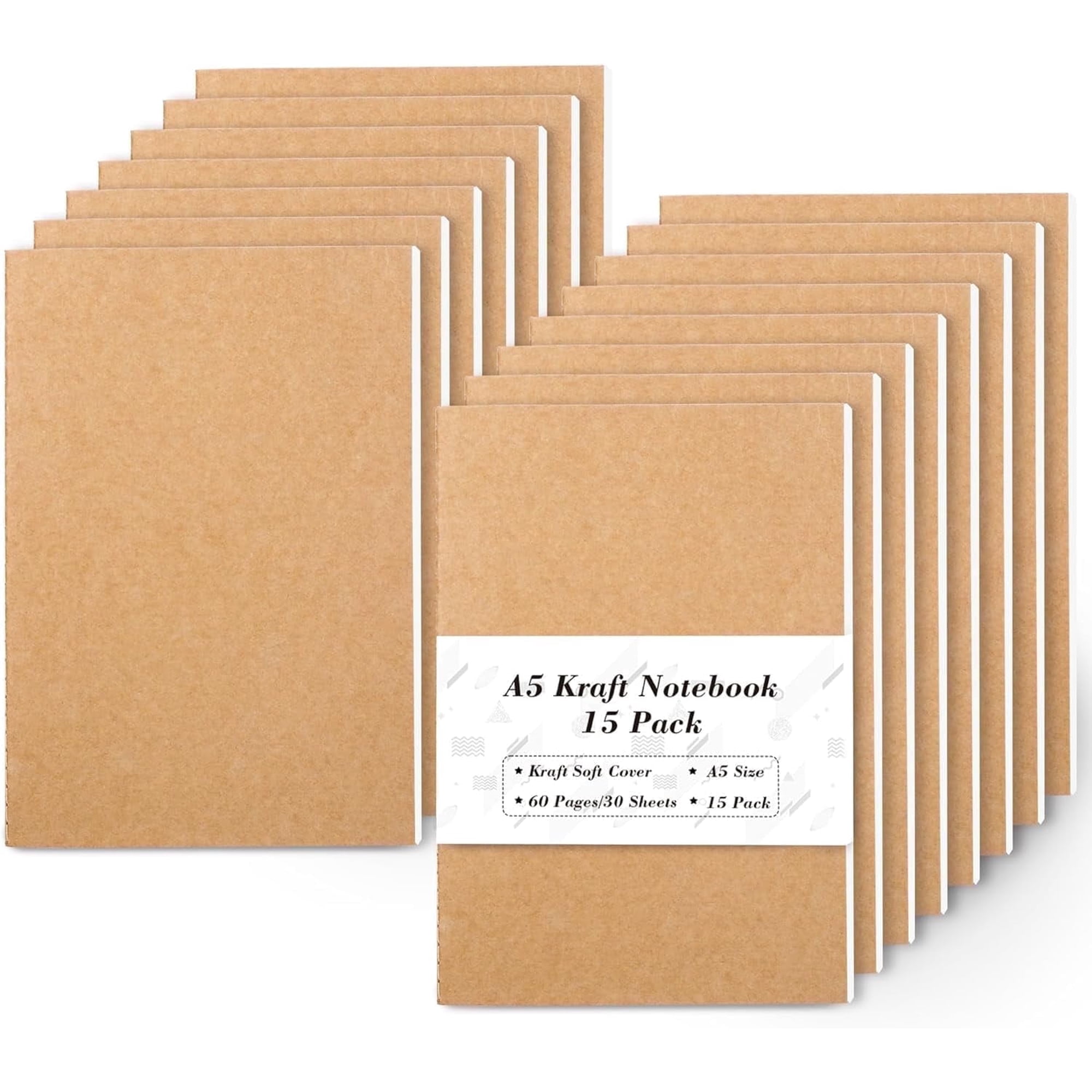 Feela 15 Pack A5 Kraft Notebooks, 60 Lined Blank Pages Travel Journal Bulk, Soft Cover Notebooks, Making Plans Writing Memo, 8.3 X 5.5 in