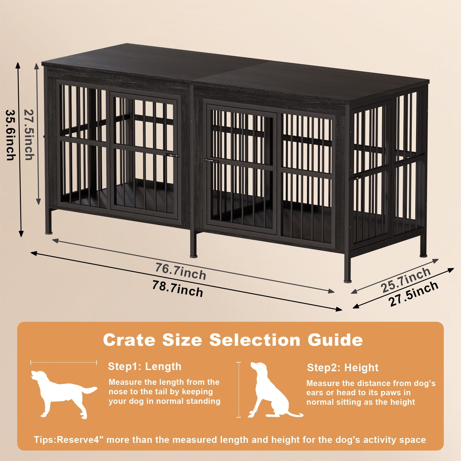 YOKWOK 78 Inch Dog Crate Furniture for Medium/Large Dogs with Removable Divider, Double-Doors Dog Kennel Furniture,Thick Wooden Dog Cage Furniture, Black