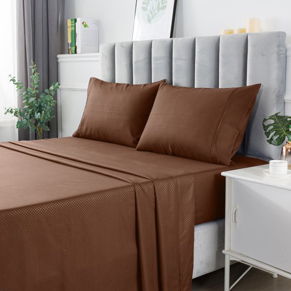 4 Piece Microfiber Bed Sheets Set, King Queen Full Twin Deep pocket fitted Sheet, Flat Sheet, 2 Pillowcases (Queen,Brown)