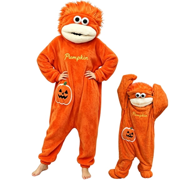 Halloween Pumpkin Onesie Pajamas Plush Hooded Funny Oversized One Piece Jumpsuit,Halloween Pajamas Loungewear for Adults and Kids L