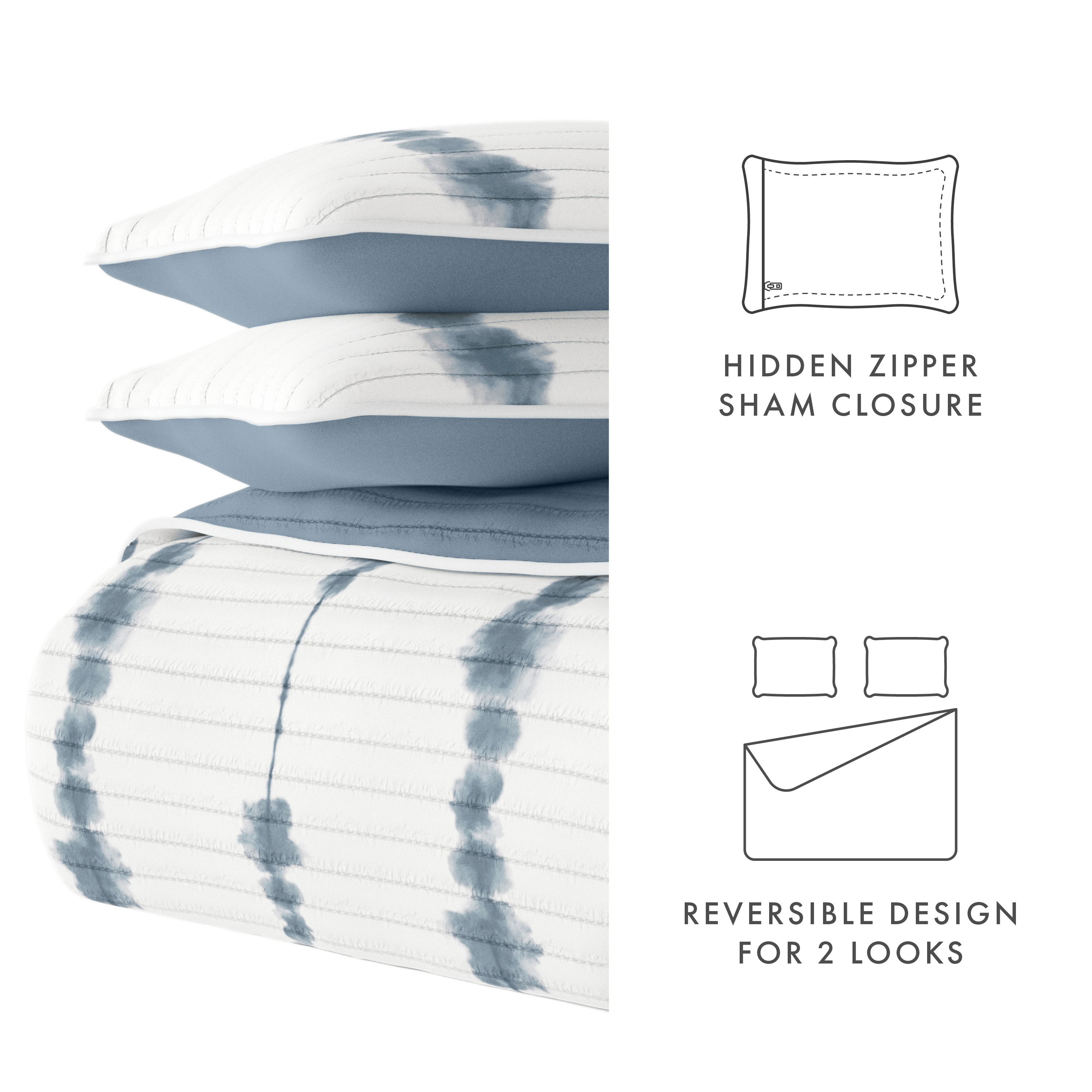Noble Linens Navy 3 Piece Shibori Reversible Microfiber Quilt Set, Twin / Twin XL