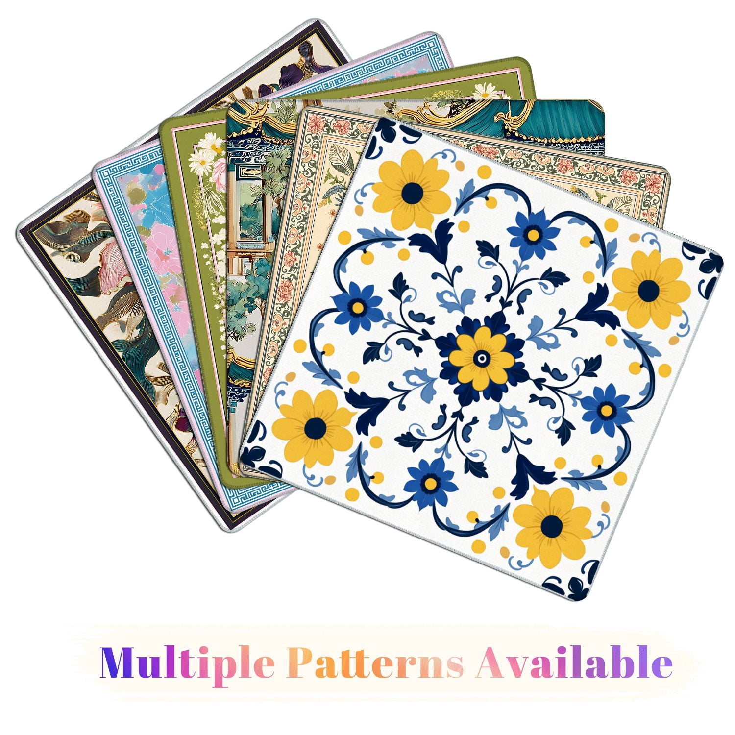 Mahjong Mat 31.5" x 31.5" Floral Symmetrical Yellow Blue Flowers White Non-Slip Noise Reduction American Mahjong Tiles Table Cover for Dominoes Poker Card Board Games Gift