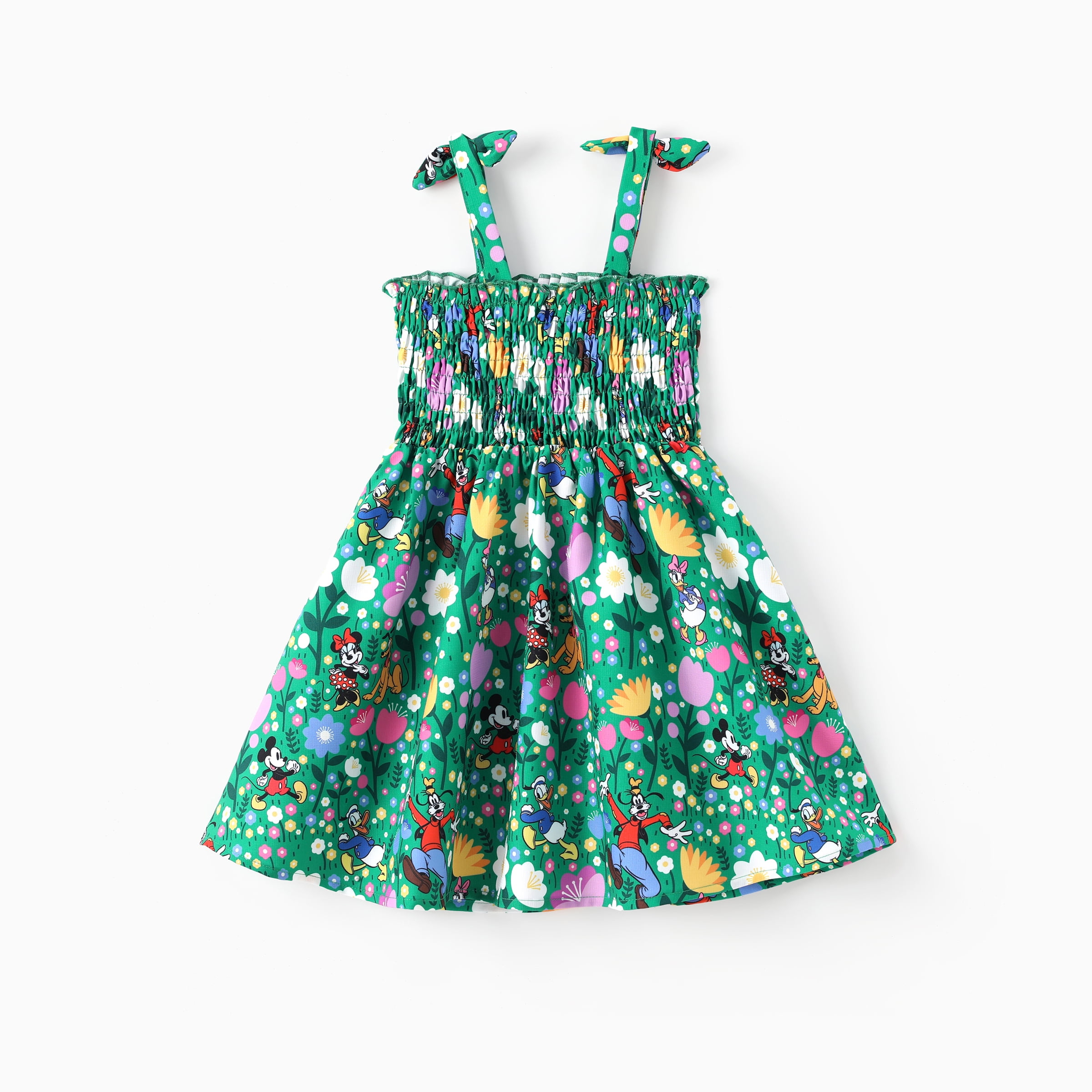 Disney Mickey and Friends Girls Dresses Graphic Flower Bow Green Suspender Smocked Dress Size 2T