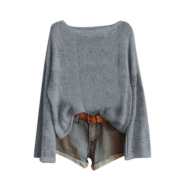 Busydd Womens Sweaters Trendy Knit Cotton Women Sweaters Solid Color Long Sleeve Pullover Sweaters for Women Casual Round Neck Fall Ladies Sweaters S