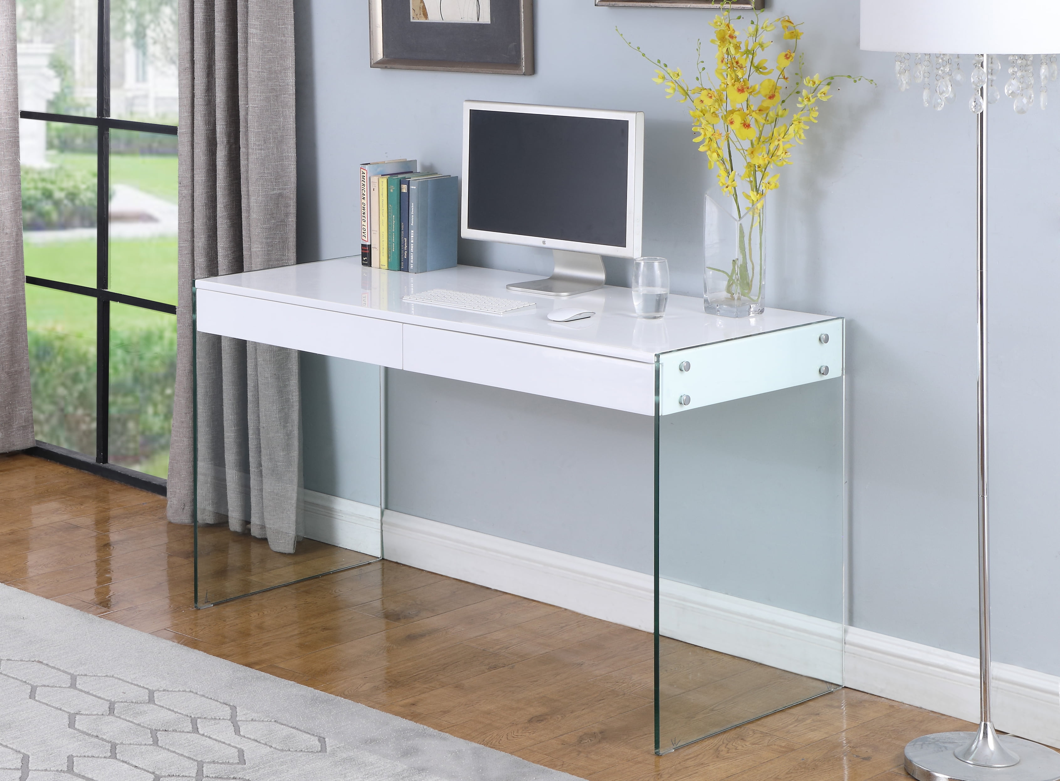 Chintaly Imports Contemporary Gloss White And Glass Desk 6903DSK