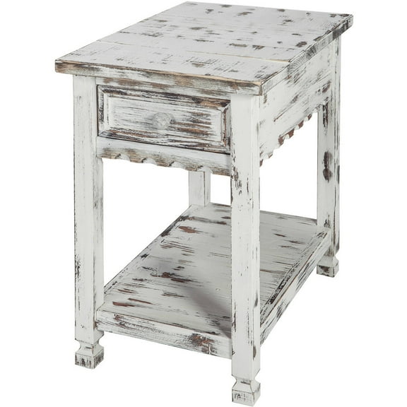 Alaterre Furniture Country Cottage Chairside End Table with 1 Drawer and 1 Shelf, Square Turned Legs, Farmhouse Style for Living Room, Antique White Finish