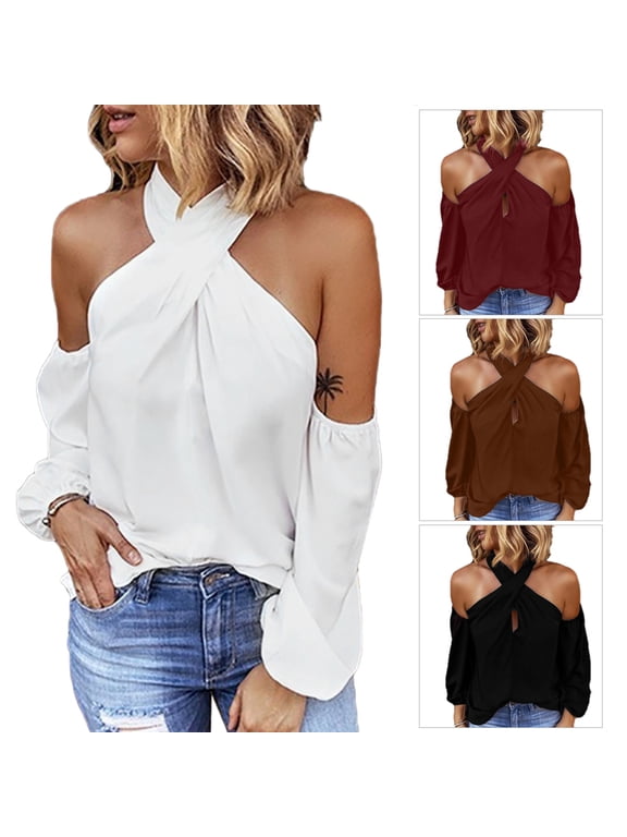 Women Solid Color Long Sleeve Halter Off Shoulder Back Zipper Blouse Top