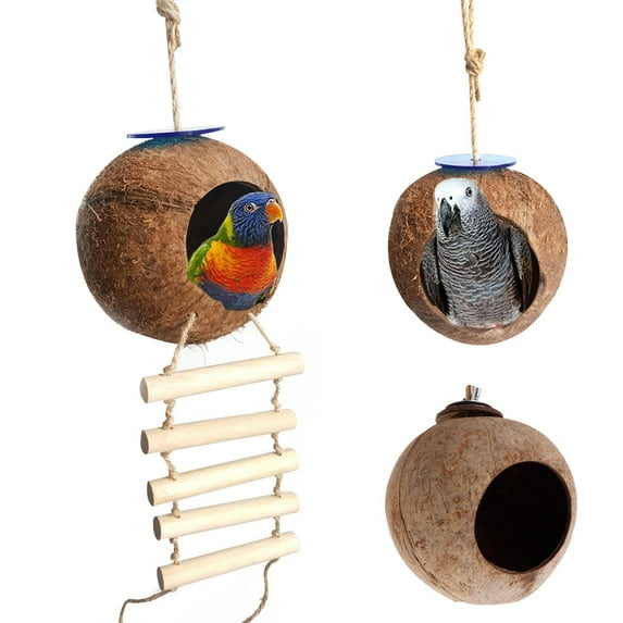 D-GROEE Hanging Bird House with Ladder,Natural Coconut Shell Bird Nest Breeding for Parrot Parakeet,Coconut Hide Bird Swing Toys for Hamster,Bird Cage Accessories,Pet Bird Supplies