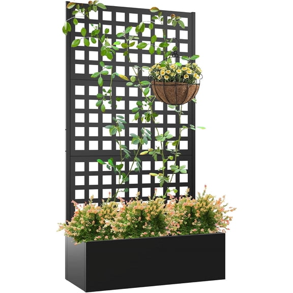 Elevens Metal Planter with Trellis, Trellis with Planter Box & Privacy Screen, Outdoor Raised Garden Bed for Climbing , Trellis Planter Box with Drainage Hole (71"x35"x16")