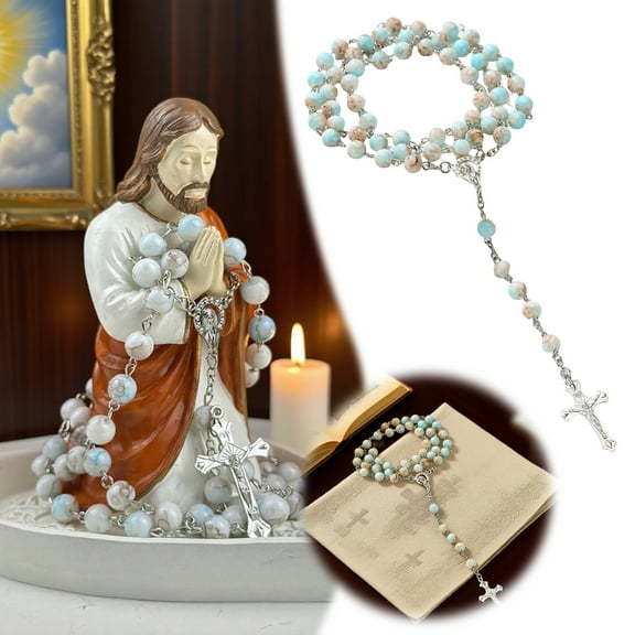 Natural Stone Rosary Necklace Catholic Prayer Beads Devotional Desktop Ornament Sacred Decorative Piece