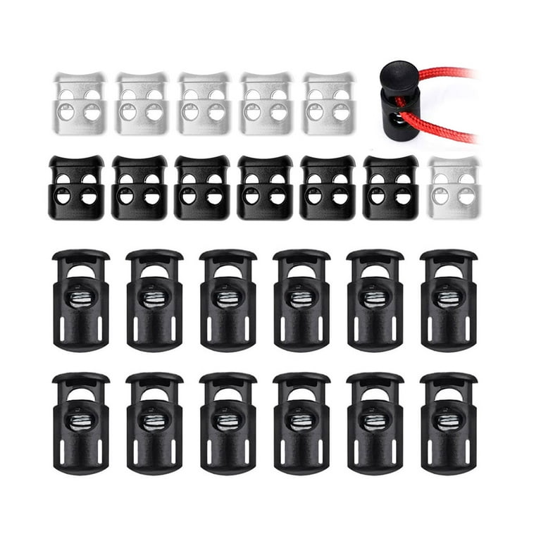  20 Pcs Plastic Cord Locks kit Elastic Bungee Nylon Shock Cord  1/8 50 ft Lengths, DaKuan 10 Pcs Sing-Hole, 10 pcs Double-Hole (Black) End  Spring Toggle Stopper Slider with Crafting Stretch