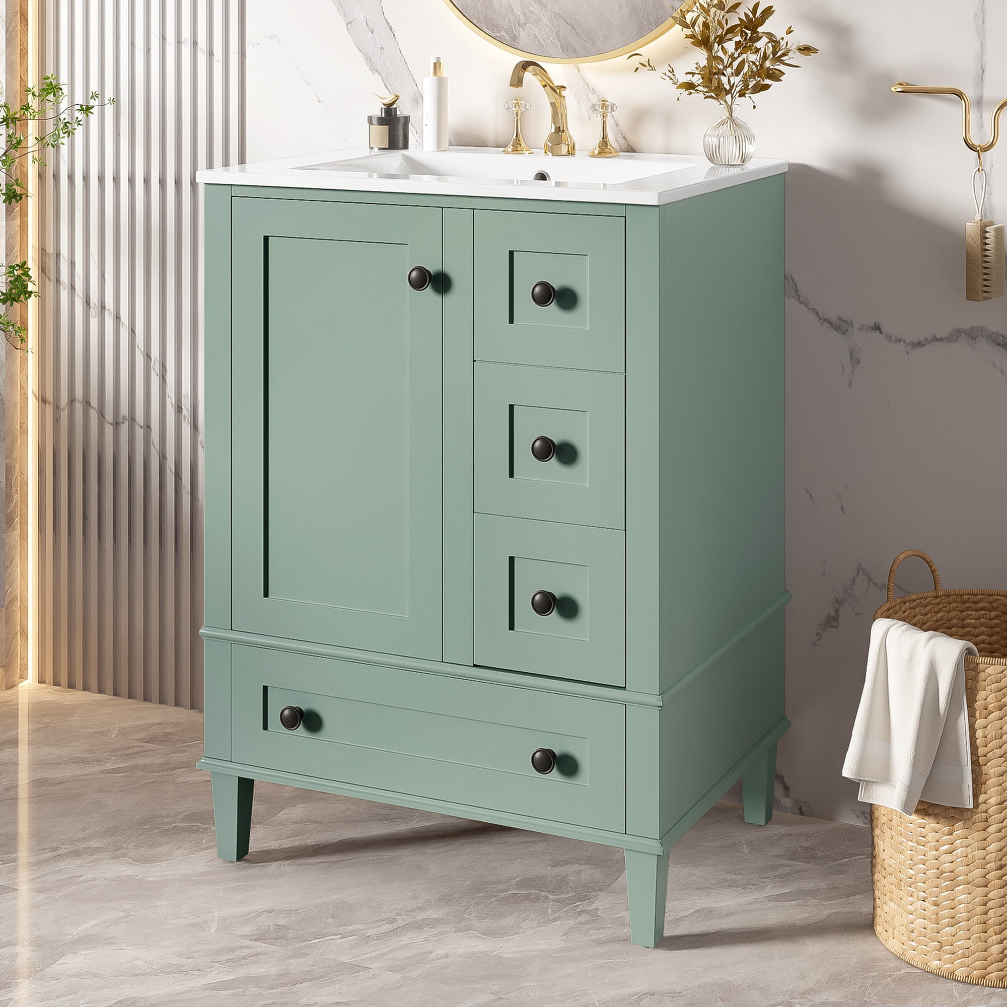 Euroco 24-inch light green bathroom vanity with an integrated ceramic basin, featuring a door-mounted double-layer shelf, soft-close drawers, and a soft-close cabinet door