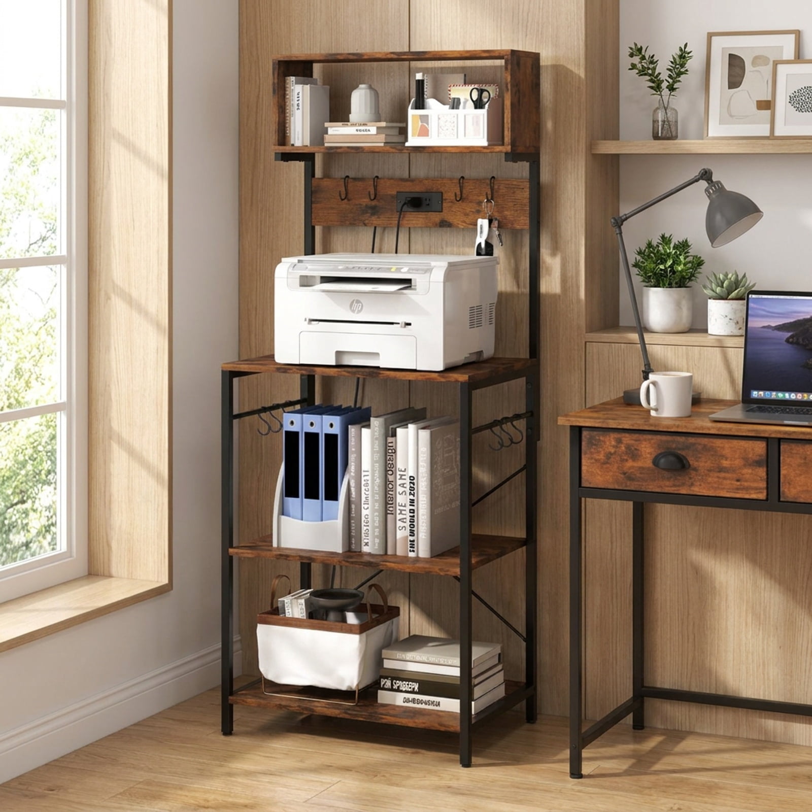 RUIE 60 Inch Tall Microwave Stand with Open Shelves, Kitchen Baker's Rack with Built-in Power Strip and 10 Hanging Hooks, Rustic Brown