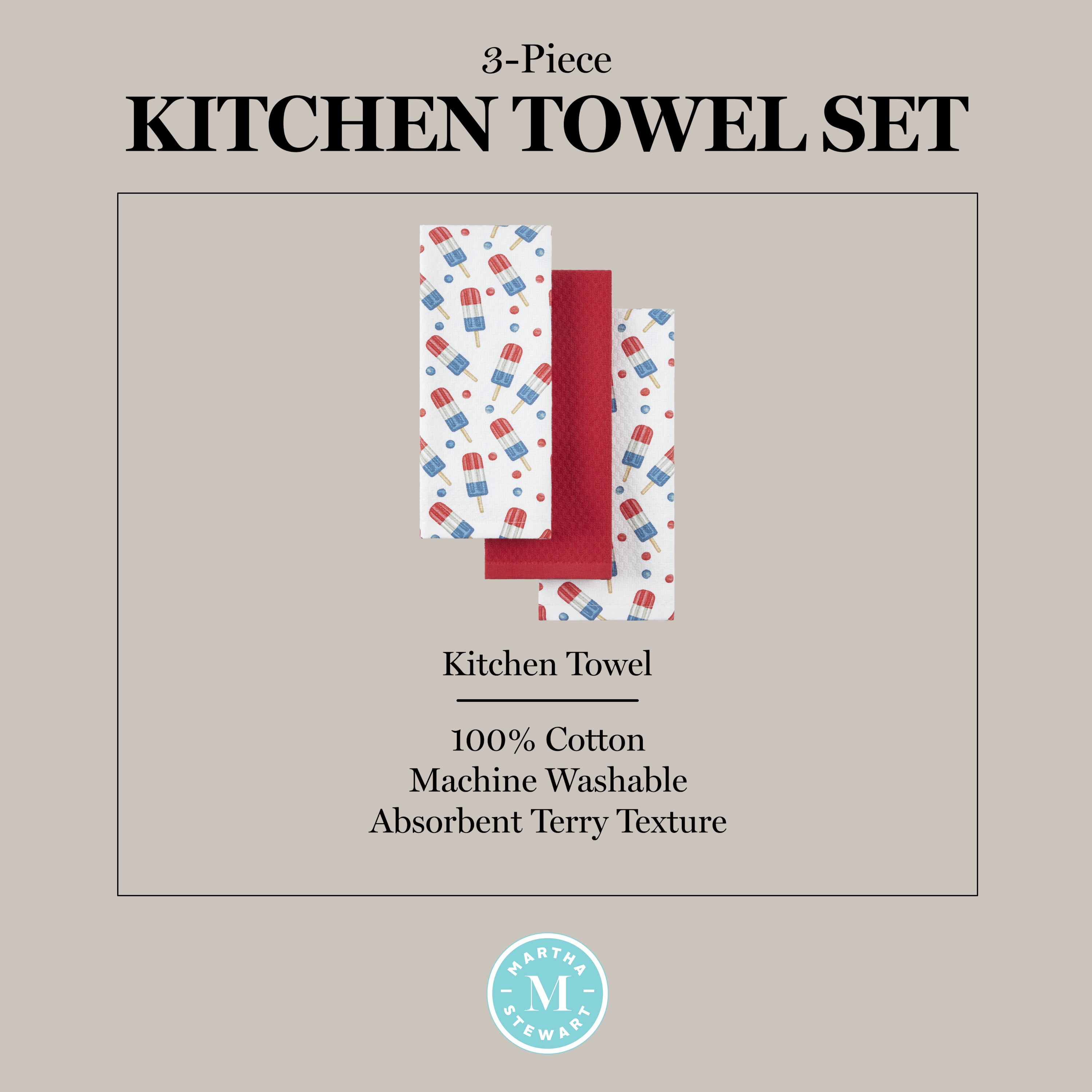 MARTHA STEWART Americana Stripesicle Ice Pop Holiday Kitchen Towels 3-Pack Set, 100% Cotton, Absorbent, Patriotic USA America Decor, Red/White/Blue, 16"x28"
