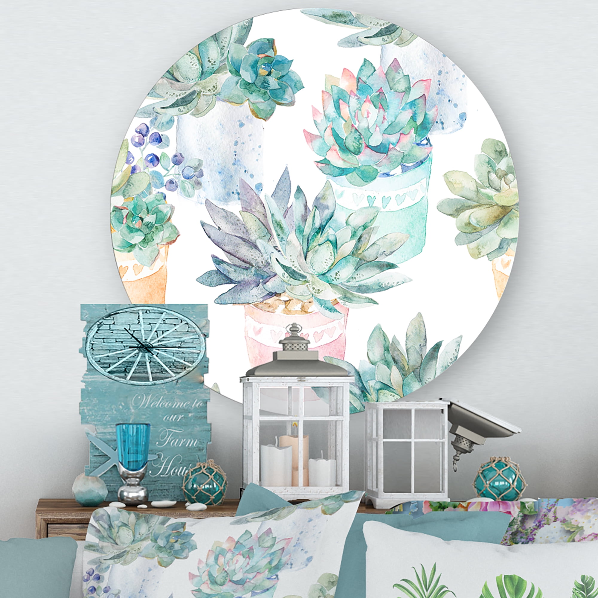 Designart 'Pastel Toned Succulent Housplants in Flowerpots' Traditional Circle Metal Wall Art 23x23 - Disc of 23