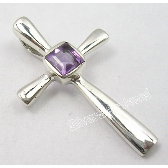 SilverStarJewel .925 Solid Silver Square Cut Amethyst Gem Inexpensive Cross Pendant 1.2" Bijoux