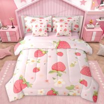 Homewish Girly Pink Strawberry Bedding Comforter Set for Girls, Cartoon Flower Floral King Bedding Sets, Kawaii Princess Style Reversible Bed Sheets, Super Cozy Room Decor