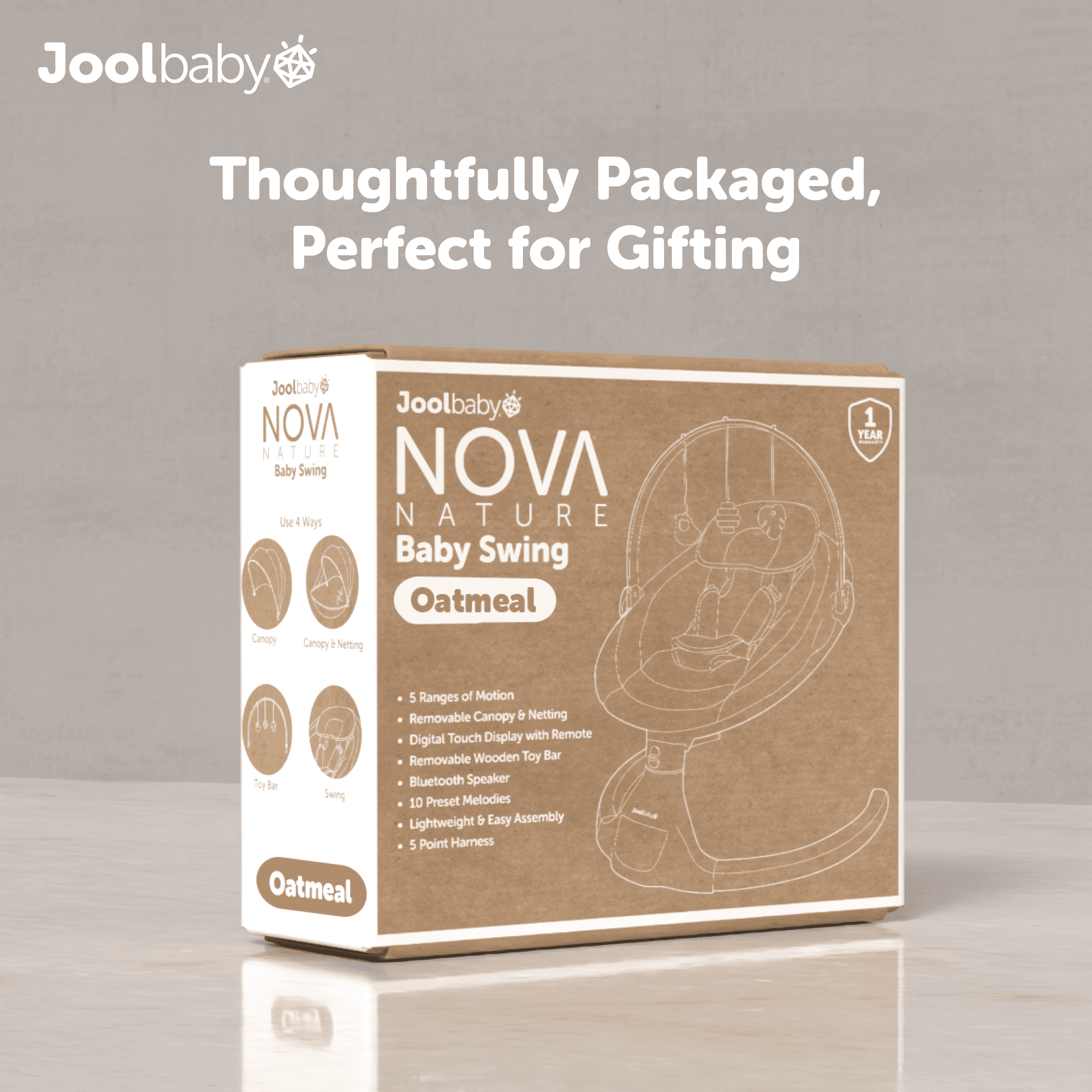 Jool Baby Nova Nature Baby Swing for Newborns – Natural Wood Toys, Electric Motorized Infant Swing, Bluetooth Music