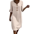 thumbnail image 2 of Smsaxvxz Women's Summer Dresses Fashion Solid Button V-neck Ruffle Short Sleeve Casual Loose Beach Vacation Midi Dress Beige 2XL, 2 of 9