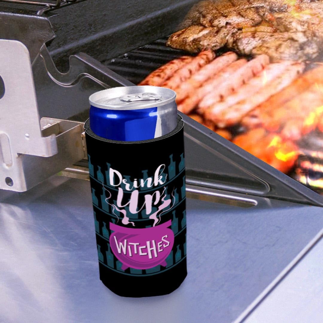Womens Halloween Party Decorations Drink Up Witches Here For The Boos 2 Sided 6-Pack Ultra Slim Can Drink Sleeves