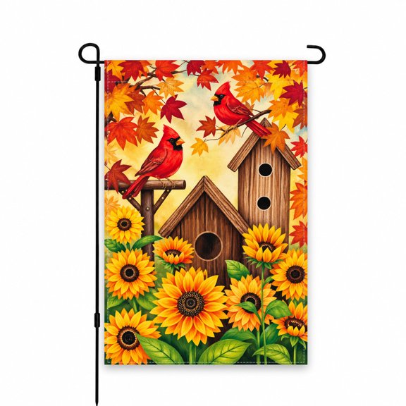 Garden Flag 12x18 Inch Autumn Cardinals Sunflowers Birdhouse Outdoor Decor for Yard, Lawn, Patio, or Porch Display - Fall Seasonal Decoration