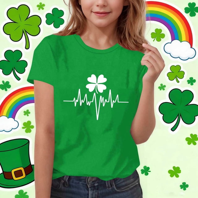 Blusas y camisas de manga corta con cuello redondo para niños Camiseta estampada del Día de San Patricio de manga corta con cuello redondo, informal, versátil, para niñas, top de poliéster