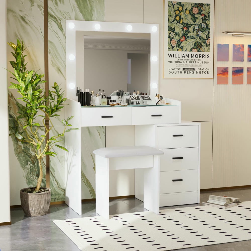 Kadyn Vanity Desk with Mirror and Lights, Makeup Vanity Table with with 5 Drawers, White